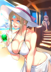 Rule 34 | 3girls, agate (xenoblade), alternate costume, bikini, blonde hair, blue eyes, breasts, cleavage, covered erect nipples, hat, highres, large breasts, leaning forward, looking at viewer, multiple girls, negresco, nintendo, open mouth, praxis (xenoblade), sheba (xenoblade), smile, standing, swimsuit, xenoblade chronicles (series), xenoblade chronicles 2