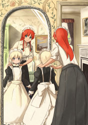 Rule 34 | 2girls, aged down, apron, blue eyes, braid, child, curtains, female focus, green eyes, grey eyes, hair ribbon, hands on shoulders, height difference, hong meiling, izayoi sakuya, juliet sleeves, long hair, long sleeves, maid, maid apron, maid headdress, mirror, multiple girls, painting (object), puffy sleeves, red hair, ribbon, shibasaki shouji, shirt, short hair, silver hair, skirt, sleeves rolled up, smile, touhou, twin braids, window