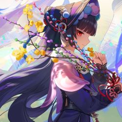 Rule 34 | 1girl, absurdres, black hair, chinese commentary, closed mouth, commentary, day, flower, from side, genshin impact, highres, holding, long hair, looking at viewer, rafaelaaa, red eyes, red ribbon, ribbon, sideways glance, smile, solo, sparkle, standing, sunlight, upper body, yun jin (genshin impact)