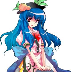Rule 34 | 1girl, alphes, blue hair, food, fruit, hat, hinanawi tenshi, long hair, lowres, official art, open mouth, peach, red eyes, scarlet weather rhapsody, short sleeves, solo, touhou, transparent background