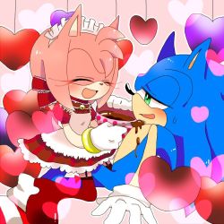 Rule 34 | 10s, 1boy, 1girl, 2016, amy rose, blush, boots, chocolate, closed eyes, dress, gloves, green eyes, headband, pink hair, sonic (series), sonic the hedgehog, valentine
