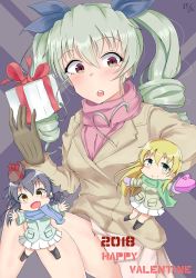 Rule 34 | 10s, 2018, 3girls, anchovy (girls und panzer), artist name, black footwear, black hair, black ribbon, blonde hair, blue scarf, blush, blush stickers, boots, braid, brown coat, brown eyes, brown gloves, carpaccio (girls und panzer), casual, chibi, closed mouth, coat, commentary, drill hair, english text, fang, gift, girls und panzer, gloves, green coat, green eyes, green hair, green skirt, hair ribbon, happy valentine, highres, holding, holding gift, kshimu, long hair, long sleeves, looking at viewer, miniskirt, mittens, multiple girls, pepperoni (girls und panzer), pink scarf, pleated skirt, red eyes, red ribbon, ribbon, scarf, side braid, signature, skirt, smile, standing, twin drills, twintails, valentine, white skirt, winter clothes