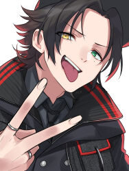 Rule 34 | 1boy, black hair, collared shirt, green eyes, hat, heterochromia, highres, hypnosis mic, hypnosis mic: rule the stage, jacket, jewelry, kishinaito, male focus, mole, mole under eye, multicolored hair, multiple rings, necktie, open mouth, parted bangs, red hair, ring, shirt, short hair, smile, solo, tongue, tongue out, upper body, v, white background, yamada jiro, yellow eyes