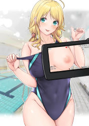 Rule 34 | 1girl, :p, aga marino, ahoge, aqua eyes, armpit crease, bad id, bad twitter id, bare shoulders, blonde hair, blue one-piece swimsuit, blush, breasts, collarbone, commentary request, competition swimsuit, covered navel, cowboy shot, hachimiya meguru, hair ornament, hands up, highleg, highleg swimsuit, idolmaster, idolmaster shiny colors, indoors, large breasts, long hair, looking at viewer, low twintails, nipples, one-piece swimsuit, pool, sleeveless, solo, star (symbol), star hair ornament, strap pull, swimsuit, tile floor, tiles, tongue, tongue out, twintails, video camera