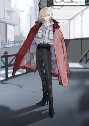 Rule 34 | 1boy, black footwear, black pants, blonde hair, blue eyes, boots, cityscape, earrings, fence, full body, hair between eyes, high heel boots, high heels, highres, howl (howl no ugoku shiro), howl no ugoku shiro, jacket, jewelry, long sleeves, looking at viewer, maaroso 09, male focus, medium hair, necklace, open clothes, open jacket, outdoors, pants, red jacket, shadow, shirt, smile, solo, white shirt