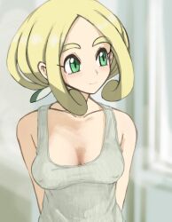 Rule 34 | 1girl, bare arms, bare shoulders, blonde hair, breasts, cleavage, collarbone, creatures (company), curtained hair, game freak, green eyes, haloh, highres, large breasts, nintendo, pokemon, pokemon xy, sleeveless, solo, tank top, upper body, viola (pokemon), white tank top