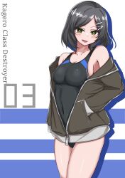 Rule 34 | 1girl, absurdres, black hair, black one-piece swimsuit, competition swimsuit, covered navel, cowboy shot, green eyes, grey jacket, hair ornament, hairclip, hand in pocket, highres, jacket, kantai collection, kuroshio (kancolle), one-piece swimsuit, open clothes, open jacket, short hair, solo, standing, swimsuit, tokiwa senkei, two-tone swimsuit