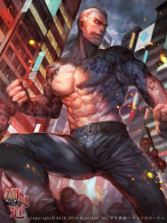 Rule 34 | 4boys, abs, adam&#039;s apple, arm tattoo, bara, battle, belt, bulge, buzz cut, character request, check copyright, cityscape, clenched hands, copyright request, denim, embers, feet out of frame, fighting stance, fleeing, from below, gluteal fold, highres, jeans, large pectorals, legs apart, long sideburns, male focus, mature male, multiple boys, muscular, muscular male, navel, nipples, obliques, pants, pectorals, running, short hair, shredded muscles, sideburns, solo focus, stomach, tattoo, tekken, thighs, topless male, very short hair, yakuza, yi lee