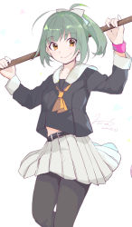 Rule 34 | 1girl, adapted costume, belt, black pantyhose, black shirt, brown eyes, cowboy shot, dated, green hair, hiroi09, kantai collection, long hair, looking at viewer, medium hair, neckerchief, orange neckerchief, pantyhose, pleated skirt, ponytail, sailor collar, shirt, signature, simple background, skirt, smile, solo, standing, stick, white background, white sailor collar, white skirt, yuubari (kancolle), yuubari kai ni (kancolle)
