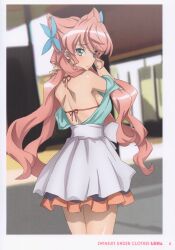 Rule 34 | 1girl, absurdres, bare shoulders, bikini, blue eyes, blush, breasts, comiket 102, english text, eyelashes, fujikawa daichi, hair ornament, highres, large breasts, long hair, looking at viewer, looking back, maria cadenzavna eve, pink hair, senki zesshou symphogear, solo, standing, swimsuit, swimsuit under clothes