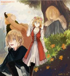 Rule 34 | 10s, 1girl, 2015, blonde hair, cape, krista lenz, dated, dress, closed eyes, flower, from side, grass, hair between eyes, highres, jaw titan, looking up, messy hair, outdoors, sad, shingeki no kyojin, sitting, tears, titan (shingeki no kyojin), tree, under tree, wreath, yume (ymym 62)