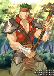 Rule 34 | 1boy, axe, bandaged hand, bandages, bara, boyd (fire emblem), chest harness, feet out of frame, fire emblem, fire emblem heroes, forest, green hair, gumroad username, harness, headband, holding, holding axe, kienbiu, male focus, muscular, muscular male, nature, nintendo, outdoors, paid reward available, partially unbuttoned, patreon username, pectoral cleavage, pectorals, pelvic curtain, red shirt, paid reward available, shirt, short hair, shoulder spikes, sideburns, sleeveless, sleeveless shirt, solo, spikes, standing, sunlight, twitter username