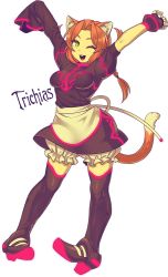 Rule 34 | 1girl, ;), animal ears, apron, asymmetrical sleeves, bad id, bad pixiv id, barununia, black thighhighs, bloomers, boots, braid, brown hair, cat ears, cat tail, character name, commentary request, full body, green eyes, long hair, mechanical hands, mismatched sleeves, one eye closed, original, pigeon-toed, revision, single braid, single mechanical hand, sleeves past wrists, smile, solo, tail, thigh boots, thighhighs, transparent background, trichias, underwear, waist apron, zettai ryouiki
