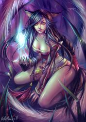 Rule 34 | 1girl, ahri (league of legends), animal ears, armpits, artist request, black hair, braid, breasts, cleavage, energy ball, eyelashes, facial mark, fingernails, fox ears, fox tail, highres, large breasts, league of legends, lips, long hair, looking at viewer, lying, multiple tails, nail polish, navel, parted lips, red nails, sideboob, signature, slit pupils, solo, strap gap, tail, tassel, toned, very long hair, yellow eyes
