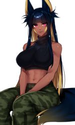 Rule 34 | 1girl, abs, absurdres, animal ears, anput (nsfwolf), bandaid, bandaid on cheek, bandaid on face, black hair, black shirt, blonde hair, blunt bangs, blunt ends, breasts, camouflage, camouflage pants, colored inner hair, commentary, crop top, dark-skinned female, dark skin, english commentary, green pants, grey lips, highres, jackal ears, large breasts, long hair, looking at viewer, multicolored hair, navel, nsfwolf, original, pants, red eyes, shirt, sitting, sleeveless, sleeveless turtleneck, smile, solo, tail, toned, turtleneck, two-tone hair, v arms, white background
