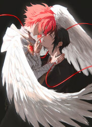 Rule 34 | 2boys, absurdres, angel, angel wings, black hair, feathered wings, feathers, gem, grey eyes, highres, hood, hood down, idolish7, izumi iori, looking at another, miuken, multiple boys, nanase riku, open mouth, parted lips, red eyes, red gemstone, red hair, smile, string, string of fate, teeth, white feathers, white hood, white wings, wings, yaoi