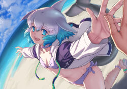 Rule 34 | 1girl, beach, bikini, bikini under clothes, blowhole, blue eyes, blue hair, blue sky, breasts, cardigan, cetacean tail, choker, cloud, common bottlenose dolphin (kemono friends), day, dolphin girl, dorsal fin, drawstring, dutch angle, fins, fish tail, fisheye, foreshortening, grey hair, hair between eyes, happy, head back, head fins, highres, hood, hood down, hooded cardigan, horizon, kemono friends, kosai takayuki, light blush, long sleeves, looking at viewer, medium hair, multicolored hair, navel, ocean, open cardigan, open clothes, open mouth, outdoors, outstretched arms, parted bangs, pov, pov hands, running, sand, sandals, sky, small breasts, smile, solo focus, spread arms, stomach, swimsuit, tail, unzipped, water, white hair, zipper