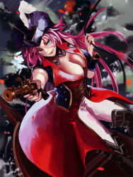 Rule 34 | 10s, 1girl, blue eyes, boots, breasts, choker, cleavage, coat, fate/extra, fate/grand order, fate (series), francis drake (fate), gun, hat, lips, long hair, pants, pink hair, scar, smile, weapon