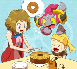 Rule 34 | 2girls, 2others, aoi (comical highway), blonde hair, bonnie (pokemon), breasts, cake, colored sclera, creatures (company), dedenne, earrings, food, full body, game freak, gen 6 pokemon, happy, hoop earrings, hoopa, hoopa (confined), jewelry, legendary pokemon, medium breasts, multiple girls, multiple others, mythical pokemon, nintendo, no humans, pokemon, pokemon (anime), pokemon (creature), pokemon the movie: hoopa and the clash of ages, pokemon xy (anime), serena (pokemon), short hair, smile, surprised, yellow sclera