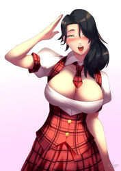 Rule 34 | 1girl, alternate costume, black hair, blush, breasts, cinder fall, cleavage, dress, gradient background, hair over one eye, haryudanto, idol clothes, large breasts, long hair, looking at viewer, necktie, open mouth, plaid, plaid skirt, red dress, rwby, salute, signature, skirt, smile, solo, yellow eyes