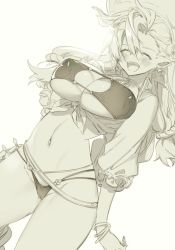 Rule 34 | 1girl, almeida (granblue fantasy), bikini, breasts, crop top, covered erect nipples, closed eyes, granblue fantasy, happy, hat, koza game, large breasts, long hair, monochrome, navel, open mouth, simple background, solo, sun hat, swimsuit, tan, white background