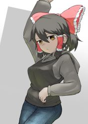 Rule 34 | 1girl, absurdres, arm up, black hair, blue pants, bow, breasts, brown eyes, closed mouth, commentary, cookie (touhou), cowboy shot, denim, expressionless, frilled bow, frilled hair tubes, frills, grey hoodie, hair between eyes, hair bow, hair tubes, hakonnbo, hakurei reimu, highres, hood, hood down, hoodie, jeans, looking at viewer, maru (cookie), medium breasts, pants, red bow, short hair, sidelocks, solo, touhou