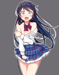 Rule 34 | 10s, 1girl, bare shoulders, blue hair, blush, bow, breasts, collarbone, embarrassed, grey background, long hair, looking at viewer, love live!, love live! school idol project, off shoulder, open mouth, otonokizaka school uniform, plaid, plaid skirt, school uniform, simple background, skirt, skull573, small breasts, solo, sonoda umi, standing, sukaru573, undressing, yellow eyes
