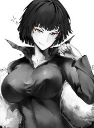 Rule 34 | 1girl, absurdres, breasts, closed mouth, collared shirt, colored eyelashes, fubuki (one-punch man), fur trim, greyscale, hand up, highres, large breasts, light blush, long sleeves, looking at viewer, monochrome, odyssey 21, one-punch man, shirt, short hair, simple background, smile, solo, sparkle, spot color, white background