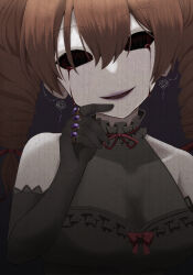 Rule 34 | 1girl, absurdres, bare shoulders, black dress, black gloves, blood, bloody tears, breasts, brown hair, cleavage, dress, drill hair, drop earrings, earrings, elbow gloves, frills, gloves, highres, hollow eyes, horror (theme), jewelry, looking at viewer, masakano masaka, medium breasts, ring, ringed eyes, smile, solo, touhou, twin drills, upper body, yorigami jo&#039;on