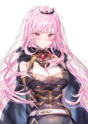 Rule 34 | 1girl, absurdres, belt, black cape, black dress, blush, breasts, buttons, cape, closed mouth, dress, from side, gem, highres, hololive, hololive english, kamiya maneki, large breasts, long hair, looking at viewer, mori calliope, mori calliope (1st costume), pink eyes, pink hair, purple gemstone, red gemstone, simple background, smile, solo, standing, tiara, veil, virtual youtuber, white background, white belt, yellow gemstone