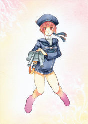 Rule 34 | 10s, 1girl, blue eyes, bottomless, brown eyes, brown hair, buttons, clothes writing, hat, hodo (fujitaka), holding, holding weapon, kantai collection, long sleeves, military, military uniform, neckerchief, painting (medium), red hair, sailor hat, short hair, solo, traditional media, turret, uniform, watercolor (medium), weapon, z3 max schultz (kancolle)