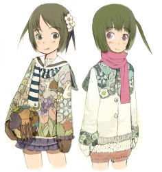 Rule 34 | 2girls, brown eyes, brown hair, child, feathers, flower, green hair, hair flower, hair ornament, mittens, multiple girls, okama, original, pink eyes, pink scarf, scarf, short hair, shorts, siblings, simple background, sisters, striped clothes, striped scarf, sweater, twins