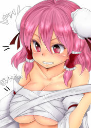 Rule 34 | 1girl, bare shoulders, breasts, bun cover, chest sarashi, chikado, cleavage, collarbone, cosplay, detached sleeves, double bun, hair between eyes, hair bun, hair tubes, hakurei reimu, hakurei reimu (cosplay), ibaraki kasen, large breasts, pink eyes, pink hair, sarashi, simple background, solo, sweatdrop, touhou, translation request, upper body, white background