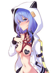 Rule 34 | 1girl, absurdres, animal ears, black collar, blue eyes, blue hair, blue nails, bottomless, breasts, brooch, cat ears, collar, hand up, heart pasties, highres, hololive, hood, hood up, hoodie, hoshimachi suisei, jacket, jewelry, long hair, maullarmaullar, navel, parted lips, pasties, shibari, simple background, small breasts, solo, star (symbol), star in eye, stomach, symbol in eye, virtual youtuber, white background, white jacket