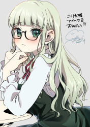 Rule 34 | 1girl, absurdres, aikatsu!, aikatsu! (series), bad id, bad twitter id, black-framed eyewear, blunt bangs, blush, dated, dress, elbow rest, embarrassed, geshumaro, glasses, green dress, green eyes, green hair, grey background, hair down, hands on own chin, head rest, highres, long hair, long sleeves, looking at viewer, looking to the side, neck ribbon, red ribbon, ribbon, semi-rimless eyewear, shirt, sidelocks, signature, simple background, solo, table, todo yurika, translated, under-rim eyewear, upper body, wavy mouth, white shirt