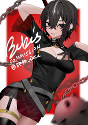 Rule 34 | 1girl, absurdres, arm behind head, ball and chain (weapon), bebe (bebe pp), black dress, black eyes, black gloves, black hair, blurry, blurry foreground, braid, breasts, chain, cleavage, cleavage cutout, clothing cutout, commission, dress, earrings, gloves, grey hair, hair between eyes, hand on own chest, highres, jewelry, medium breasts, multicolored hair, original, short dress, short hair, short sleeves, signature, single braid, skeb commission, solo, streaked hair, thigh strap, twitter username, weapon