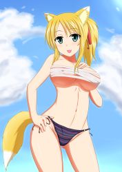 Rule 34 | 10s, 1girl, absurdres, animal ears, bandages, bikini, blonde hair, breasts, cameltoe, covered erect nipples, dog days, fox ears, fox tail, highres, large breasts, navel, open mouth, ponytail, sarashi, side-tie bikini bottom, smile, solo, swimsuit, tail, thighs, tom-ani, yukikaze panettone