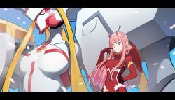 Rule 34 | 1girl, :q, blunt bangs, bodysuit, commentary, darling in the franxx, finger to cheek, green eyes, hairband, hand on own hip, highres, horns, letterboxed, long hair, looking at viewer, mecha, pilot suit, pink hair, red bodysuit, red horns, reisun001, robot, strelizia, tongue, tongue out, upper body, zero two (darling in the franxx)