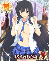 Rule 34 | 10s, 1girl, black hair, blue eyes, blush, breasts, card (medium), character name, cleavage, cosplay, embarrassed, emblem, female focus, hime cut, ikaruga (senran kagura), katsuragi (senran kagura), katsuragi (senran kagura) (cosplay), large breasts, long hair, navel, necktie, no bra, official art, open clothes, open mouth, open shirt, senran kagura, senran kagura new wave, shirt, skirt, solo, striped, very long hair