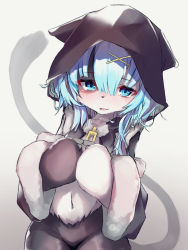 Rule 34 | 1girl, animal ears, bags under eyes, blue eyes, blue hair, blush, body fur, cat ears, cat tail, cloak, female focus, furry, furry female, hair ornament, hood, looking at viewer, open mouth, original, own hands together, solo, tab head, tail, x hair ornament