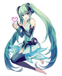 Rule 34 | 1girl, barefoot, blue eyes, bridal gauntlets, choke (amamarin), elbow gloves, gloves, green hair, hatsune miku, hatsune miku (append), heart, long hair, nail polish, see-through, simple background, smile, solo, thighhighs, twintails, very long hair, vocaloid, vocaloid append, white background
