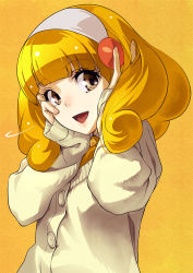 Rule 34 | 10s, 1girl, :d, blonde hair, cardigan, eyelashes, hairband, hands on own cheeks, hands on own face, kise yayoi, open mouth, precure, school uniform, shimotsuki eight, smile, smile precure!, solo, white hairband, yellow background, yellow eyes