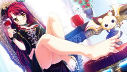 Rule 34 | 1girl, barefoot, blush, braid, breasts, brown eyes, cup, dora, drinking glass, dutch angle, feet, feet on chair, flower, foreshortening, game cg, gem, highres, jewelry, large breasts, legs, long hair, luce yami asutarite, magical marriage lunatics!!, applying pedicure, pendant, pitcher (container), red hair, rose, sitting, smile, solo, spread toes, toenails, toes, wine glass, yamakaze ran, yellow eyes