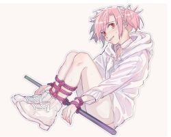 Rule 34 | 1girl, alternate costume, bdsm, blush, bondage, bound, bound legs, bound wrists, choker, commentary, embarrassed, full body, hair ribbon, head tilt, hood, hood down, hoodie, kaname madoka, knees up, koyomania, long sleeves, looking at viewer, mahou shoujo madoka magica, mahou shoujo madoka magica (anime), no pants, parted lips, pink eyes, pink hair, pink rope, ribbon, rope, shoes, short hair, short twintails, sitting, solo, sweat, sweatdrop, twintails, white choker, white footwear, white hoodie, white ribbon