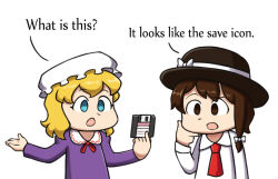 Rule 34 | 2girls, aqua eyes, blonde hair, bow, bowtie, brown eyes, brown hair, collared dress, commentary, dress, edgycat, english commentary, english text, fedora, floppy disk, hand on own chin, hat, holding, long sleeves, maribel hearn, medium hair, mob cap, multiple girls, purple dress, red bow, red bowtie, shirt, shrugging, side ponytail, simple background, stroking own chin, thinking, touhou, upper body, usami renko, white background, white shirt