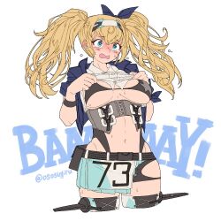 Rule 34 | 1girl, black bow, black bra, blonde hair, blue eyes, blue jacket, blush, bow, bra, breasts, breasts apart, collared shirt, commentary request, corset, cropped legs, flying sweatdrops, gambier bay (kancolle), gambier bay mk ii (kancolle), groin, hairband, jacket, kantai collection, large breasts, lifted by self, long hair, navel, open mouth, oso (toolate), revision, shirt, simple background, solo, sweat, sweatdrop, thighhighs, twintails, twitter username, underwear, wavy mouth, white background, white shirt