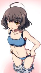 Rule 34 | 1girl, 547th sy, ahoge, blue panties, blunt bangs, blush, brown eyes, brown hair, flat chest, from above, gradient background, highres, kantai collection, kishinami (kancolle), looking at viewer, open mouth, panties, short hair, simple background, solo, sports bra, underwear, undressing