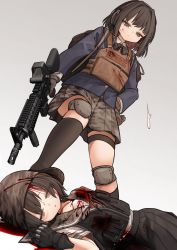 Rule 34 | 2girls, akaiha (akaihasugk), assault rifle, asymmetrical legwear, black gloves, black skirt, black socks, blood, blood on clothes, blue jacket, brown eyes, brown gloves, brown hair, brown headwear, brown skirt, bulletproof vest, camouflage, camouflage skirt, check weapon, closed mouth, collared shirt, commentary request, commission, death, full body, gloves, grey background, gun, gunshot wound, headphones, helmet, highres, jacket, knee pads, kneehighs, long sleeves, looking at another, looking down, m4 carbine, mismatched legwear, multiple girls, original, rifle, shirt, short hair, simple background, skeb commission, skirt, socks, stepped on, thighhighs, upper body, weapon, white shirt