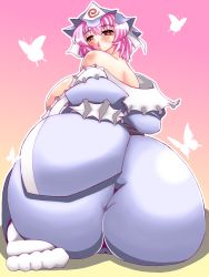 Rule 34 | ass, bare shoulders, breasts, breasts out, bug, butterfly, cameltoe, fat, feet, gomesu, hat, huge ass, huge breasts, insect, japanese clothes, looking back, no bra, one eye closed, pink eyes, pink hair, saigyouji yuyuko, short hair, sideboob, sitting, smile, socks, solo, toes, touhou, wide hips, wink