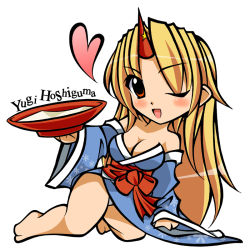 Rule 34 | 1girl, aged down, bare legs, barefoot, blonde hair, blue kimono, blush, bow, breasts, character name, chibi, cleavage, commentary request, cup, diwali, heart, hoshiguma yuugi, hoshiguma yuugi (kimono), japanese clothes, kimono, long hair, long sleeves, looking at viewer, medium breasts, obi, off shoulder, official alternate costume, one eye closed, open mouth, panties, red bow, red sash, sakazuki, sash, simple background, solo, touhou, underwear, white background, white panties, wide sleeves